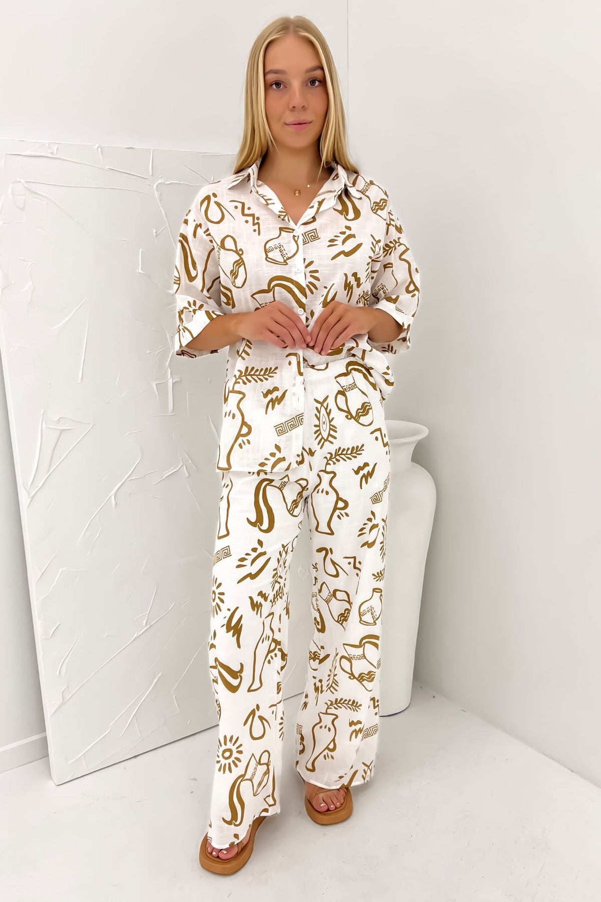 Aphaea Pant Set White Tan Aztec Vase
