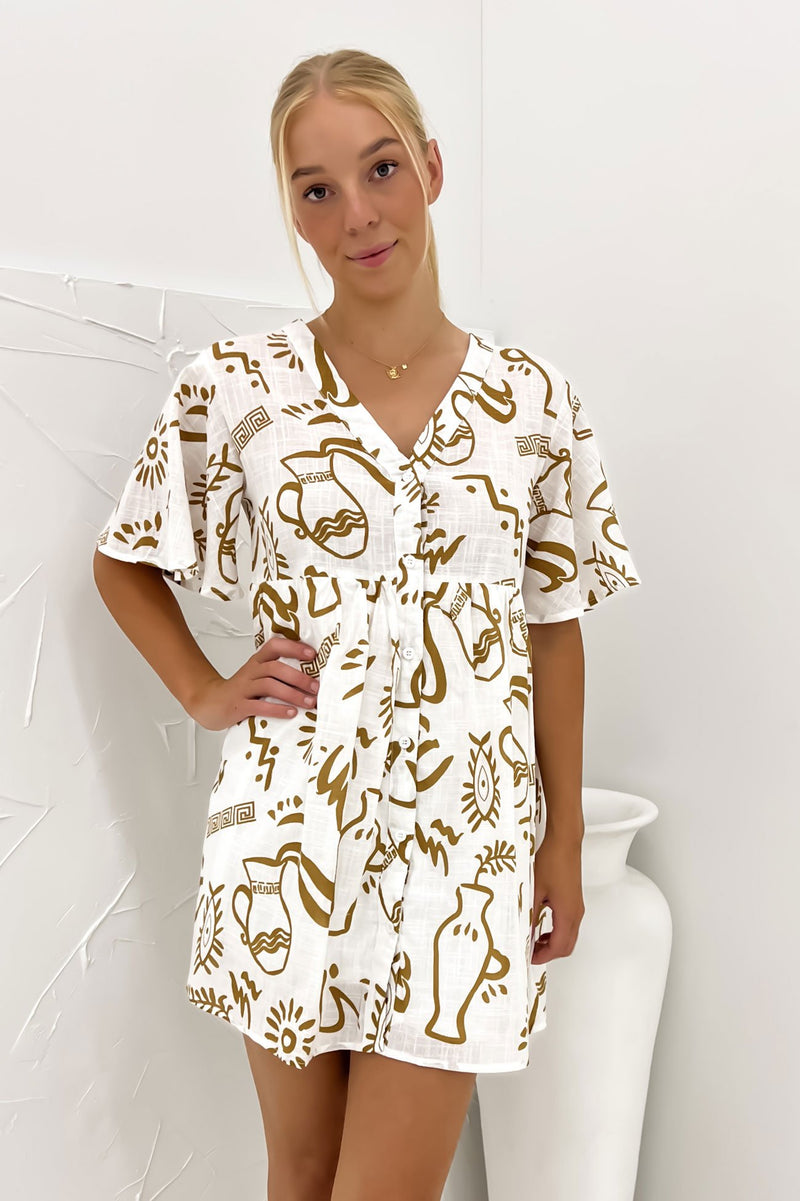 Emersyn Mini Dress White Tan Aztec Vase